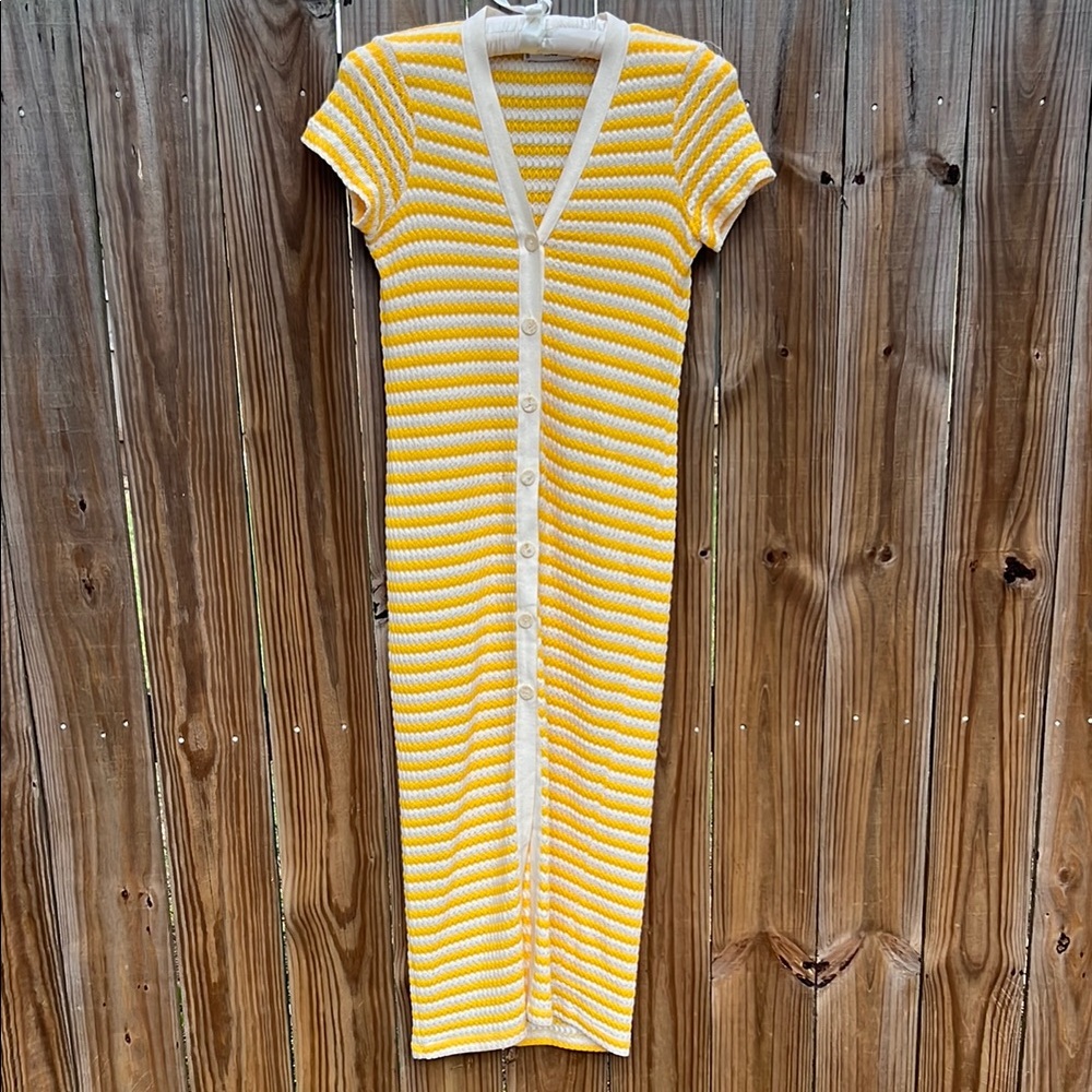 Mango Yellow & White Striped Knit Button-Down Maxi Dress